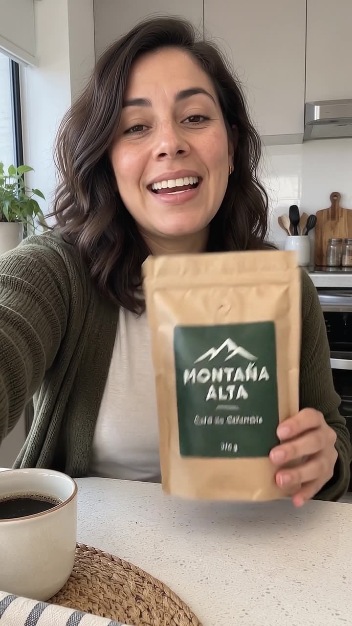 Mujer colombiana en su cocina mostrando la bolsa de café Montaña Alta a la cámara, en un video selfie vertical