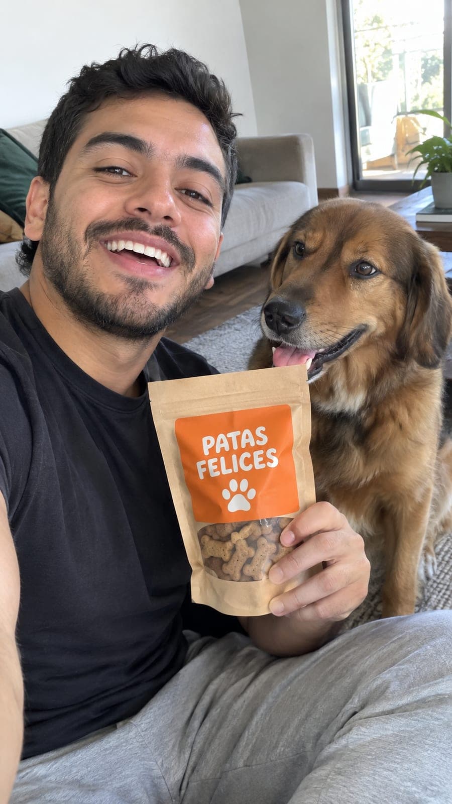 Hombre colombiano con su perro mostrando una bolsa de snacks Patas Felices